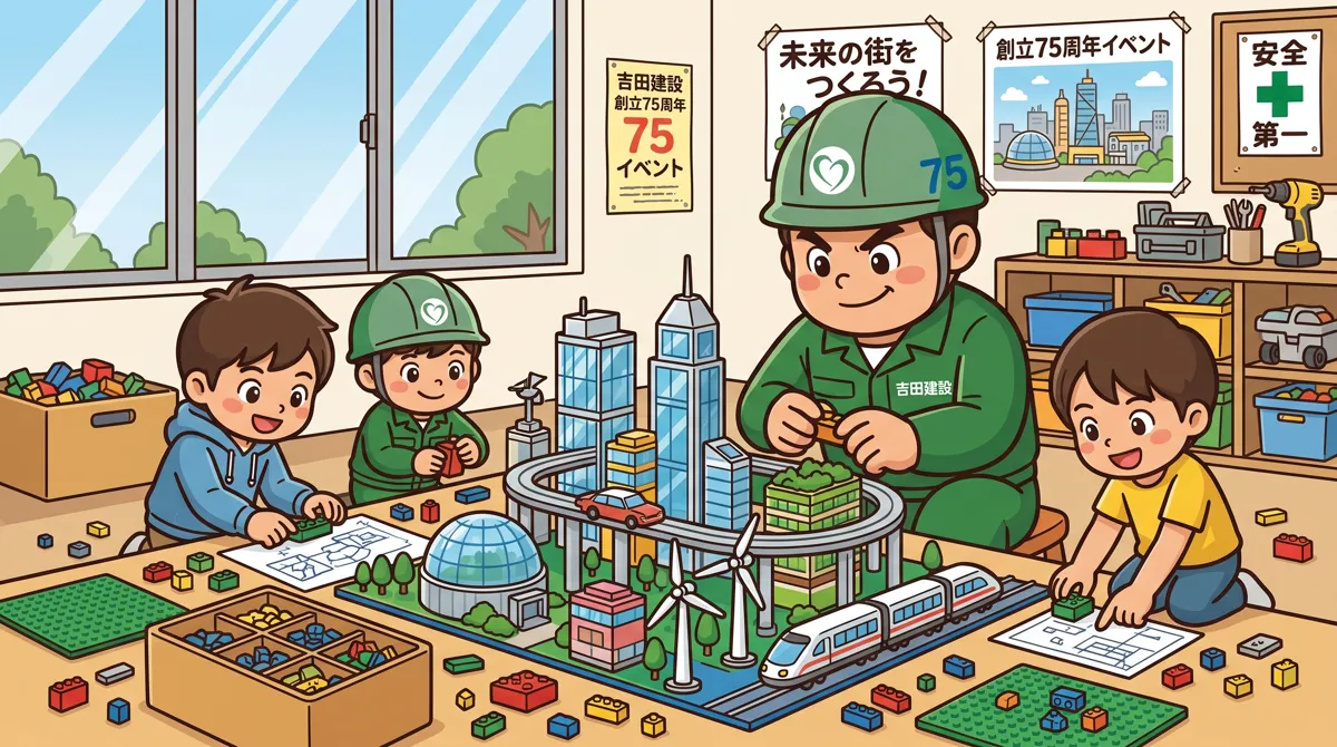子どもたちとレゴⓇブロックで未来の街をつくる吉田建設のキャラクター（イラスト）