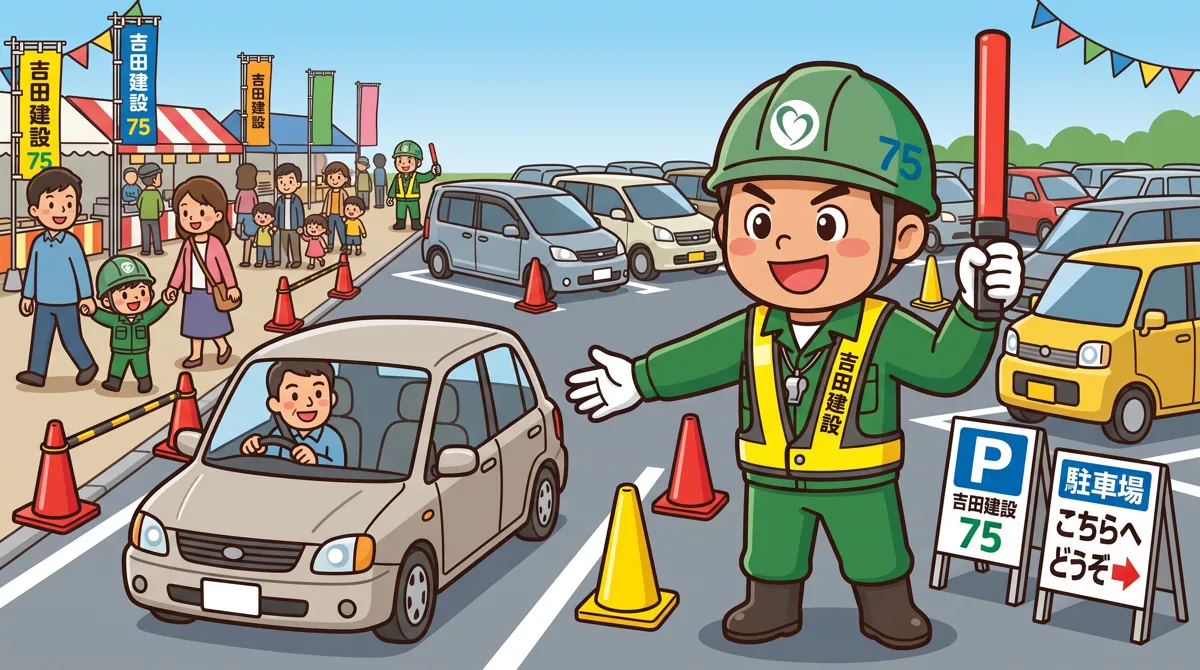 駐車場を案内する吉田建設のキャラクター（イラスト）